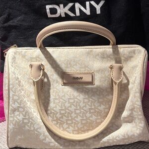 DKNY Beige Satchel with Logo Pattern